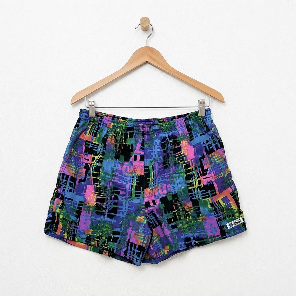 Vintage Sideout Mens Small Swim Trunks 90s Neon Abstract Nylon Board Shorts 3.5"